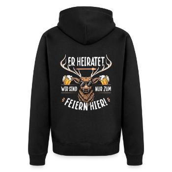 Poltern Männer T-Shirt Polterabend Hirsch JGA - Unisex Premium Bio Zip Hoodie - Schwarz - Hinten - Nico (187cm)