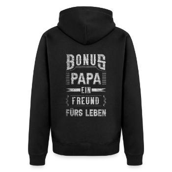 Bonus Papa Spruch, klassischer Vintage-Look - Unisex Premium Bio Zip Hoodie - Schwarz - Hinten - Nico (187cm)
