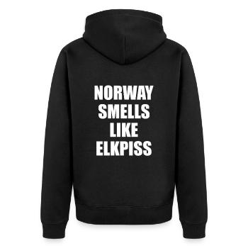 Norway Smells Like Elkpiss - Unisex Premium Bio Zip Hoodie - Schwarz - Hinten - Nico (187cm)
