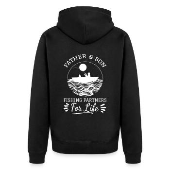 Vater und Sohn als Angelpartner fürs Leben - - Unisex Premium Bio Zip Hoodie - Schwarz - Hinten - Nico (187cm)