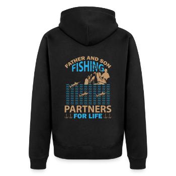 Vater und Sohn als Angelpartner fürs Leben - - Unisex Premium Bio Zip Hoodie - Schwarz - Hinten - Nico (187cm)