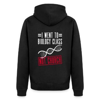 Ich war im Biologieunterricht, nicht in der Kirche - Unisex Premium Bio Zip Hoodie - Schwarz - Hinten - Nico (187cm)