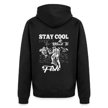 Bleib cool & beweg dich zum Fischen - - Unisex Premium Bio Zip Hoodie - Schwarz - Hinten - Nico (187cm)