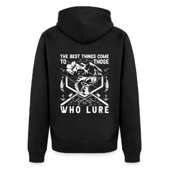 The best things come to those who lure - - Unisex Premium Organic Zip Hoodie - black - Back - Nico (187cm)