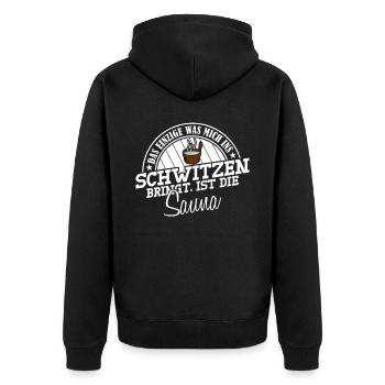 Sauna Witz Saunist Saunisten Saunieren - Unisex Premium Bio Zip Hoodie - Schwarz - Hinten - Nico (187cm)