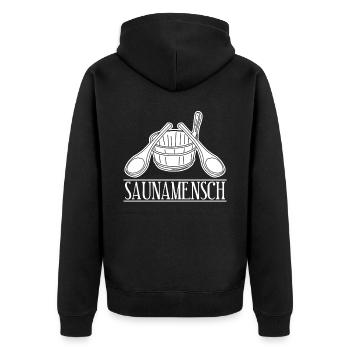 Sauna Saunamensch Saunisten Saunieren - Unisex Premium Bio Zip Hoodie - Schwarz - Hinten - Nico (187cm)
