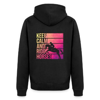 Colorful horse "Keep Calm And Ride - Unisex Premium Organic Zip Hoodie - black - Back - Nico (187cm)