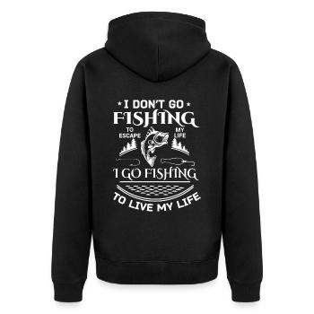 Ich gehe nicht angeln, um meinem Leben zu entkomme - Unisex Premium Bio Zip Hoodie - Schwarz - Hinten - Nico (187cm)
