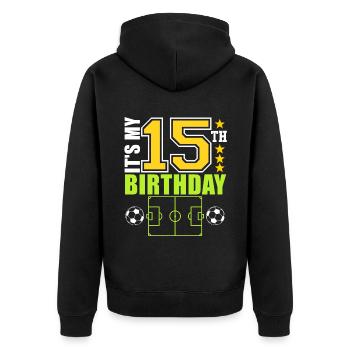Joueur de football 15e anniversaire football - Veste à capuche bio Premium Unisexe - noir - Dos - Nico (187cm)