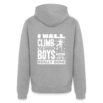Wandkletterer, Wandklettern - Unisex Premium Bio Zip Hoodie - Grau meliert - Hinten - Nico (187cm)