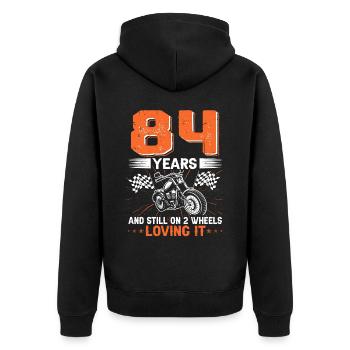 84 ans et toujours sur 2 roues 84e anniversaire - Veste à capuche bio Premium Unisexe - noir - Dos - Nico (187cm)