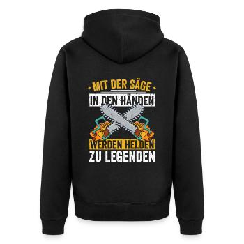 MIt der Säge in den Händen werde ich zu Legende - Unisex Premium Bio Zip Hoodie - Schwarz - Hinten - Nico (187cm)