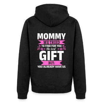 Lustiger Muttertag Spruch hast ja bereits uns - Unisex Premium Bio Zip Hoodie - Schwarz - Hinten - Nico (187cm)