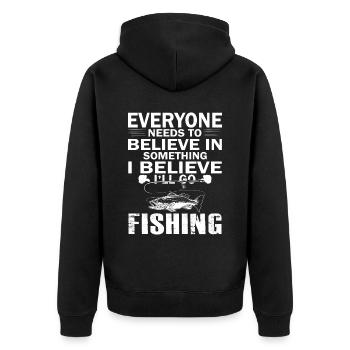 Jeder muss an etwas glauben - Ich glaube, ich werd - Unisex Premium Bio Zip Hoodie - Schwarz - Hinten - Nico (187cm)