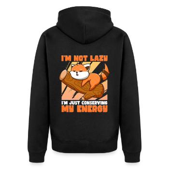 Ich bin nicht faul, ich spare nur meine Energie - Unisex Premium Bio Zip Hoodie - Schwarz - Hinten - Nico (187cm)