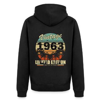 Original vintage founded in 1963 - Unisex Premium Organic Zip Hoodie - black - Back - Nico (187cm)