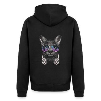 Katze mit Kopfhörer und cooler Sonnen Brille - Unisex Premium Bio Zip Hoodie - Schwarz - Hinten - Nico (187cm)