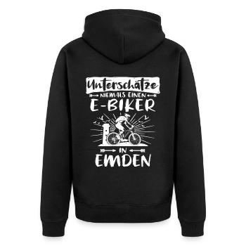 Emden Ebike Emdener Ebiker - Unisex Premium Bio Zip Hoodie - Schwarz - Hinten - Nico (187cm)