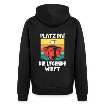 Platz da die Legende wirft Trinkspiel Beerpong - Unisex Premium Bio Zip Hoodie - Schwarz - Hinten - Nico (187cm)