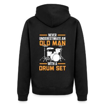 Unterschätze niemals einen alten Mann mit einem Schlagzeug - Unisex Premium Bio Zip Hoodie - Schwarz - Hinten - Nico (187cm)