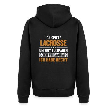 Lacrossespieler hat immer Recht Polocrosse - Unisex Premium Bio Zip Hoodie - Schwarz - Hinten - Nico (187cm)