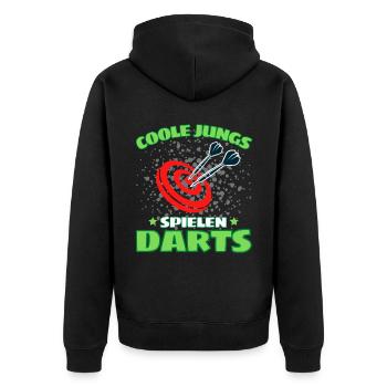 COOLE JUNGS SPIELEN DARTS! Dart Dartspieler Darts - Unisex Premium Bio Zip Hoodie - Schwarz - Hinten - Nico (187cm)