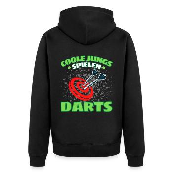 COOLE JUNGS SPIELEN DARTS! Dart Dartspieler Darts - Unisex Premium Bio Zip Hoodie - Schwarz - Hinten - Nico (187cm)