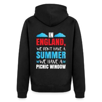 In England haben wir keinen Sommer - Unisex Premium Bio Zip Hoodie - Schwarz - Hinten - Nico (187cm)
