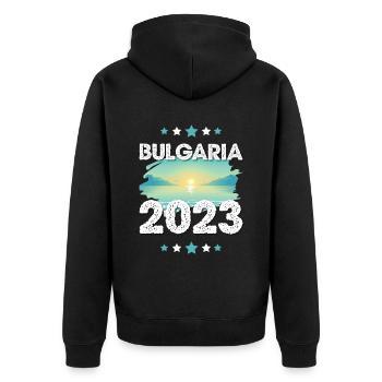 Bulgaria 2023 - Unisex Premium Organic Zip Hoodie - black - Back - Nico (187cm)