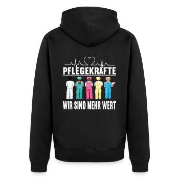 Statement Pflege Krankenschwester Pflegeleben MFA - Unisex Premium Bio Zip Hoodie - Schwarz - Hinten - Nico (187cm)