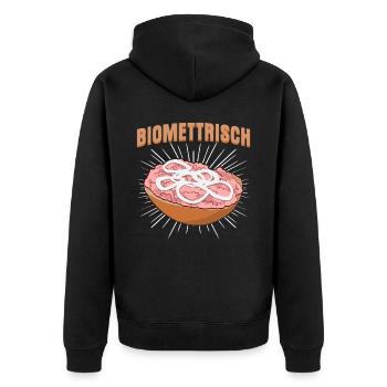 Mettbrötchen Biomettrisch Mettigel Mett - Unisex Premium Bio Zip Hoodie - Schwarz - Hinten - Nico (187cm)