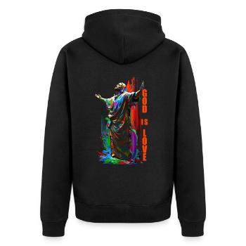 Christliche Zitate Designs God is Love - Unisex Premium Bio Zip Hoodie - Schwarz - Hinten - Nico (187cm)