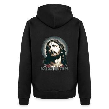 Christliche Zitate Designs Follow His Steps - Unisex Premium Bio Zip Hoodie - Schwarz - Hinten - Nico (187cm)