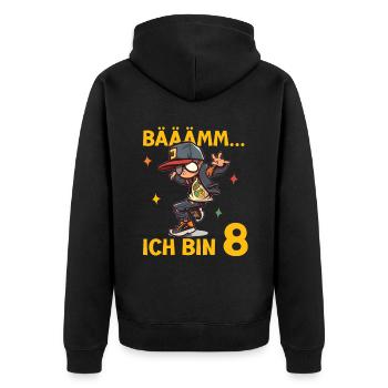 8.Geburtstag Jungen - Bääm ich bin 8 Coole Jungs - Unisex Premium Bio Zip Hoodie - Schwarz - Hinten - Nico (187cm)