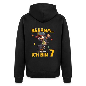 7.Geburtstag Jungen - Geburtstagsgeschenk 7 Jahre - Unisex Premium Bio Zip Hoodie - Schwarz - Hinten - Nico (187cm)