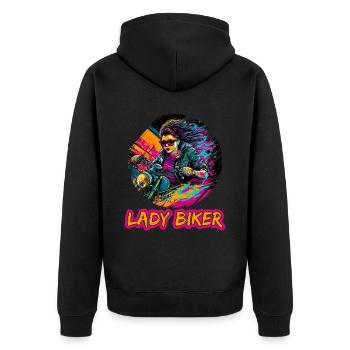 Lady Biker für eine Motorradfahrerin Bikerin - Unisex Premium Bio Zip Hoodie - Schwarz - Hinten - Nico (187cm)