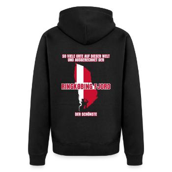 Ringkøbing Fjord in Dänemark - Unisex Premium Bio Zip Hoodie - Schwarz - Hinten - Nico (187cm)