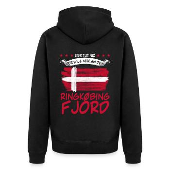 Ringkøbing Fjord lustig Dänemark - Unisex Premium Bio Zip Hoodie - Schwarz - Hinten - Nico (187cm)
