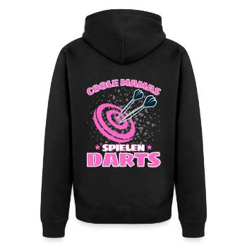 COOLE MAMAS SPIELEN DARTS! Dart Dartspieler Mama - Unisex Premium Bio Zip Hoodie - Schwarz - Hinten - Nico (187cm)
