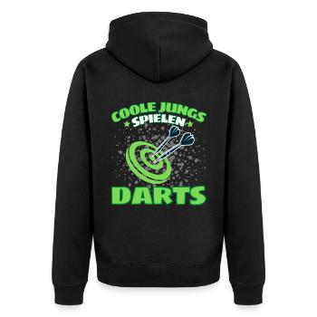 COOLE JUNGS SPIELEN DARTS! Dart Dartspieler Darts - Unisex Premium Bio Zip Hoodie - Schwarz - Hinten - Nico (187cm)
