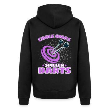 COOLE OMAS SPIELEN DARTS! Dart Dartspieler Oma - Unisex Premium Bio Zip Hoodie - Schwarz - Hinten - Nico (187cm)