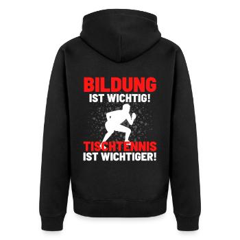 TISCHTENNIS IST WICHTIGER! Tischtennis Verein - Unisex Premium Bio Zip Hoodie - Schwarz - Hinten - Nico (187cm)