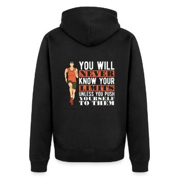Track And Field You Will Never Know Loves Running - Unisex Premium Bio Zip Hoodie - Schwarz - Hinten - Nico (187cm)