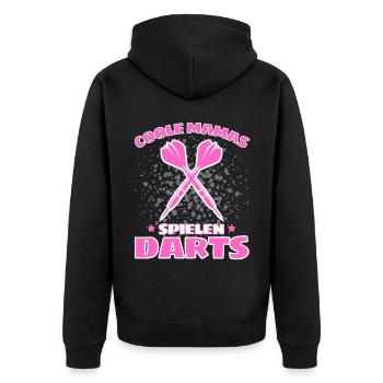 COOLE MAMAS SPIELEN DARTS! Dart Dartspieler Mama - Unisex Premium Bio Zip Hoodie - Schwarz - Hinten - Nico (187cm)