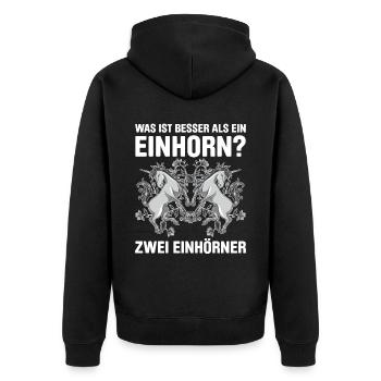 Was ist besser als ein Einhorn? Zwei Einhörner - Unisex Premium Bio Zip Hoodie - Schwarz - Hinten - Nico (187cm)
