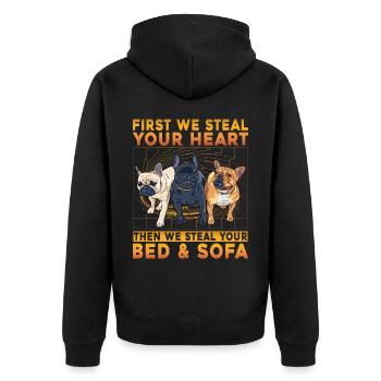 First we steal your heart then we steal your bed - Unisex Premium Bio Zip Hoodie - Schwarz - Hinten - Nico (187cm)