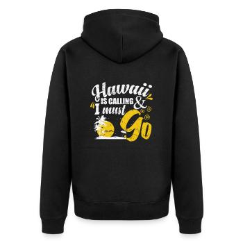 Hawaii is calling and I must go Palme - Unisex Premium Bio Zip Hoodie - Schwarz - Hinten - Nico (187cm)