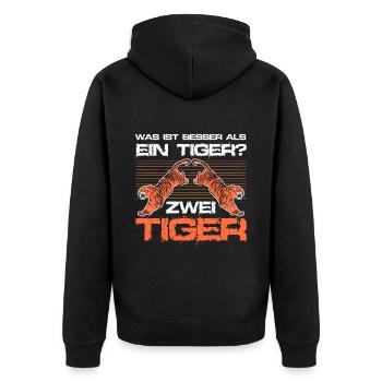 Was ist besser als ein Tiger? Zwei Tiger - Unisex Premium Bio Zip Hoodie - Schwarz - Hinten - Nico (187cm)