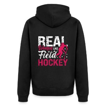 Field Hockey Real Women Like Hockey Goalkeeper - Unisex Premium Bio Zip Hoodie - Schwarz - Hinten - Nico (187cm)