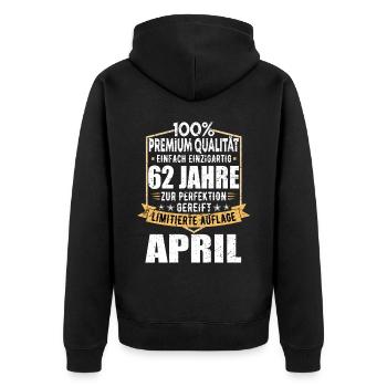 62. Geburtstag April Jahrgang 1961 Vintage - Unisex Premium Bio Zip Hoodie - Schwarz - Hinten - Nico (187cm)